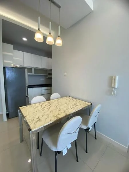 Dining features: marble dining table, 4 upholstered dining chairs in white, pendant lighting with three bulbs, white painted walls, glossy tile flooring, built-in cabinetry, stainless-steel fridge, open kitchen layout; style: modern.