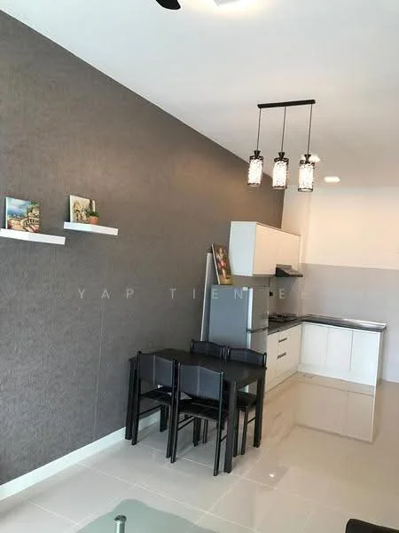Dining features: grey accent wall, white painted walls, glossy tile flooring, 4-seater dining table, black dining chairs, pendant lighting with glass shades, refrigerator, built-in kitchen cabinets, stainless-steel sink, kitchen countertop, wall-mounted shelves with decor; style: modern.