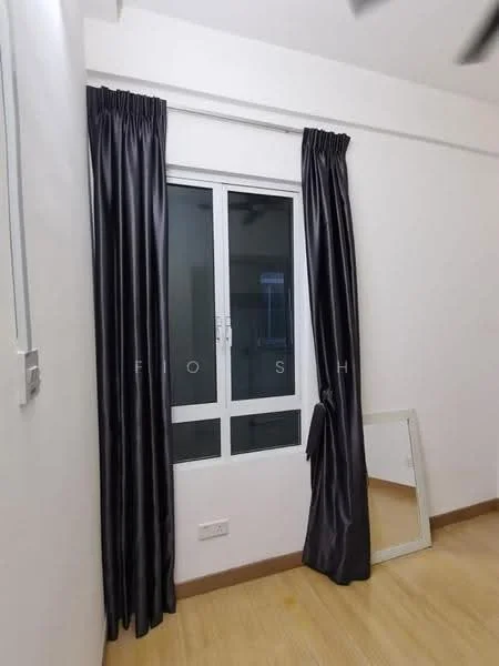 Room features: floor-to-ceiling window, blackout curtains, light wood flooring, white painted walls, full-length mirror.