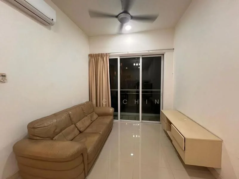 Living features: 3-seater leather sofa in beige, wall-mounted TV console in light wood, floor-to-ceiling sliding glass door, curtains in beige, ceiling fan with light, glossy tile flooring in white, air conditioning unit on wall, neutral painted walls; style: modern.
