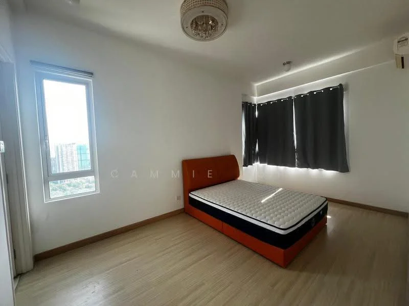 Bedroom features: orange upholstered bed frame, queen-size bed, white mattress, light wood flooring, white painted walls, floor-to-ceiling window, grey blackout curtains, ceiling light fixture with chandelier, air conditioning unit; style: modern; view: city.
