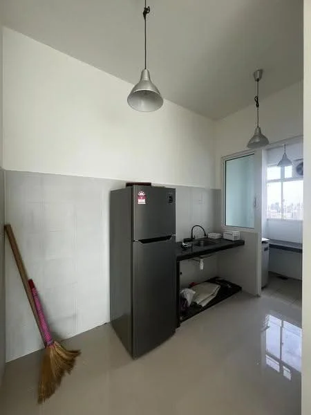 Kitchen features: grey refrigerator, black countertop, white tiled backsplash, white painted walls, glossy floor tiles, two pendant lights, window with view, broom, sink, kitchen cabinet below countertop; style: modern; view: city.