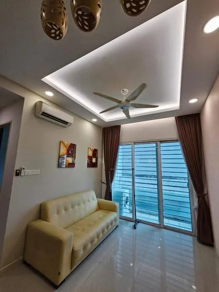 Living features: cream leather sofa, 5-blade ceiling fan with integrated LED light, recessed downlights, floor-to-ceiling sliding glass door, curtains, white painted walls, glossy tile flooring, air conditioning unit; style: modern; view: city.