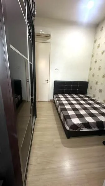 Bedroom features: queen-size bed with black upholstered headboard, plaid patterned bedspread, wooden flooring, built-in wardrobe with mirrored doors, plain white walls, decorative wallpaper with circular pattern, ceiling light fixture, door leading to hallway; style: modern.