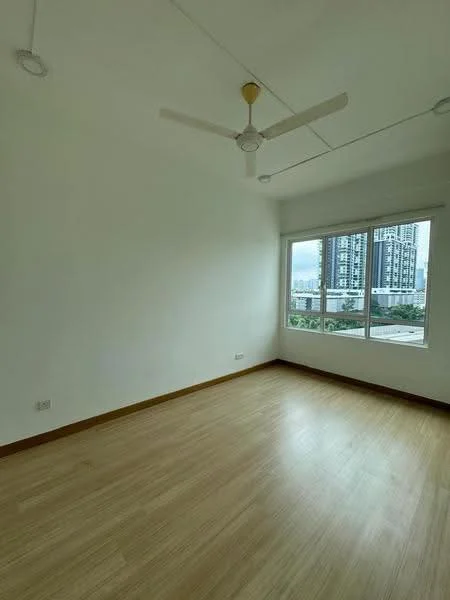 Room features: white painted walls, laminate flooring, 5-blade ceiling fan with light, floor-to-ceiling windows, city view; style: modern; view: city.