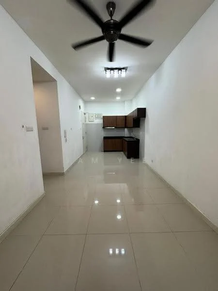 Room features: white painted walls, polished ceramic tile flooring, 5-blade ceiling fan with light, recessed LED downlights, kitchen cabinetry in dark wood, open kitchen layout, countertop, wall-mounted electrical outlets; style: modern.