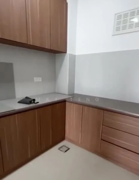 Kitchen features: brown wooden cabinetry, grey countertop, white walls, tile backsplash, built-in storage drawers, open shelving, single-basin sink, kitchen layout with corner unit; style: modern.