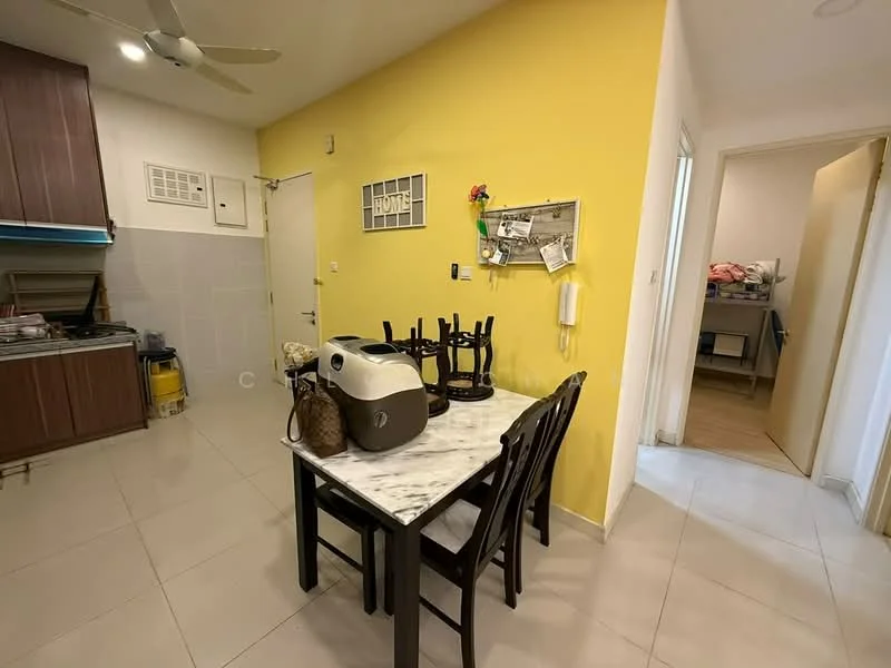 Kitchen features: yellow painted accent wall, white tiled walls, marble dining table, 4 wooden dining chairs, stainless-steel kitchen appliances, built-in kitchen cabinets, ceramic tile flooring, ceiling fan, door leading to hallway, wall-mounted decor, open layout to adjacent room; style: modern.
