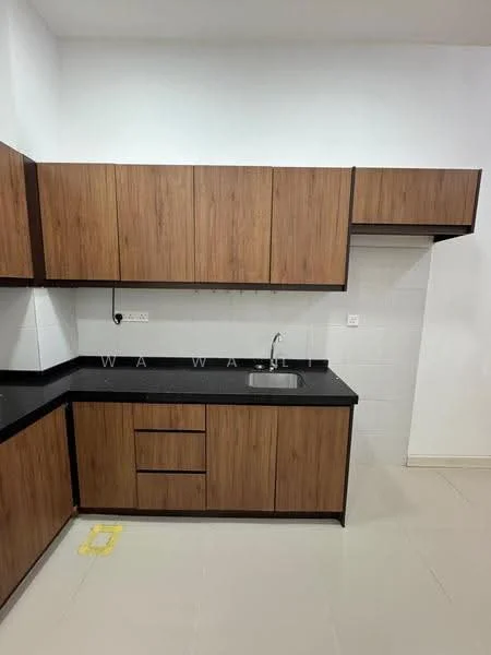 Kitchen features: wood cabinetry with brown finish, black countertop, single-bowl stainless-steel sink, wall-mounted cabinet, tile backsplash, white walls, ceramic tile flooring, under-cabinet lighting; style: modern.