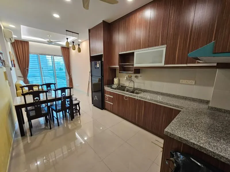 Kitchen features: brown wooden cabinetry, grey granite countertop, stainless-steel sink, chrome pull-down faucet, built-in oven, freestanding fridge, 4-burner gas hob, ceramic tile flooring, recessed downlights, dining table with 4 chairs, floor-to-ceiling windows, curtains, open layout to living area; style: modern; view: city.