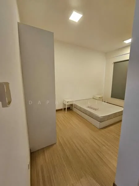 Bedroom features: wooden flooring, white painted walls, single bed frame, built-in wardrobe, window with sheer curtains, ceiling lights, nightstand, unmade bed; style: modern.