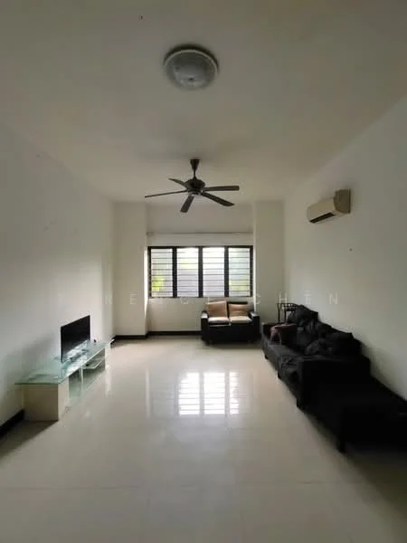 Living features: white painted walls, polished tile flooring, 5-blade ceiling fan, wall-mounted air conditioning unit, large windows with black frames, two-seater fabric sofa in beige, three-seater leather sofa in black, glass TV console, no visible decor; style: minimalist.