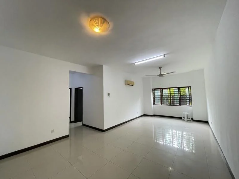 Living features: white painted walls, glossy ceramic tile flooring, recessed LED downlights, ceiling fan, window with grilles, natural light from window, air conditioning unit, corner chair.