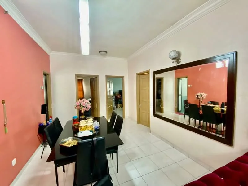 Dining features: rectangular dining table with black surface, 6 black upholstered dining chairs, pink painted walls, white tiled flooring, framed mirror on wall, decorative wall sconce, ceiling light fixture, doorway leading to kitchen, doorway leading to hallway, floral centerpiece on table; style: contemporary. Hallway features: white painted walls, white tiled flooring, doorways leading to other rooms.