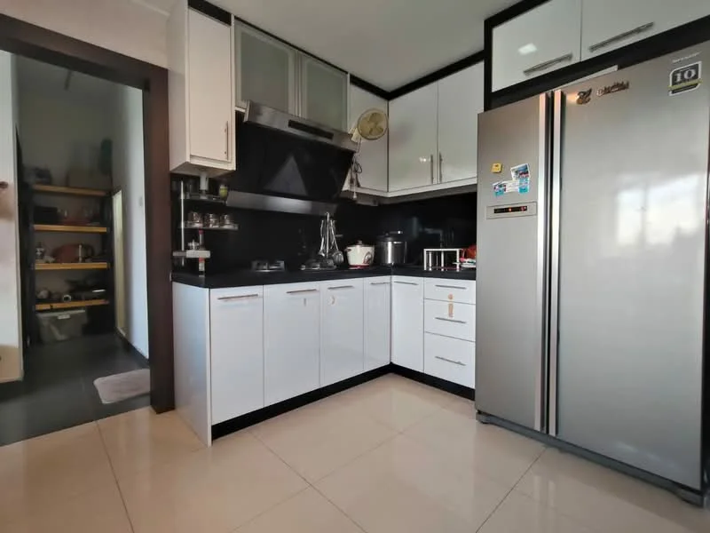 Kitchen features: white shaker cabinets, black countertop, stainless-steel fridge, built-in oven, 4-burner gas hob, stainless-steel range hood, ceramic tile flooring, recessed downlights, wall-mounted shelving, sink, kitchen utensils visible; style: modern. Room features: open shelving, doorway leading to another room.