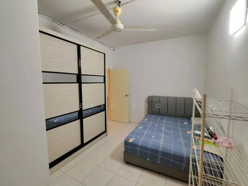 Bedroom features: queen-size bed with blue bedding, built-in wardrobe with sliding doors, white walls, tile flooring, ceiling fan, window with natural light, door leading to hallway, metal shelving unit.