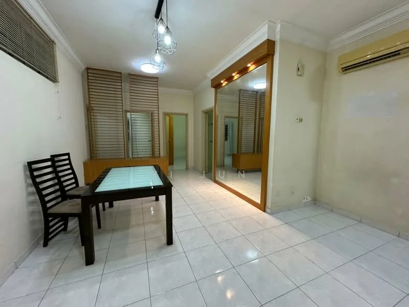 Living features: white painted walls, glossy white tile flooring, recessed downlights, large mirror on wall, wooden dining table, 4 wooden dining chairs, air conditioning unit, built-in cabinetry with glass doors; style: modern.