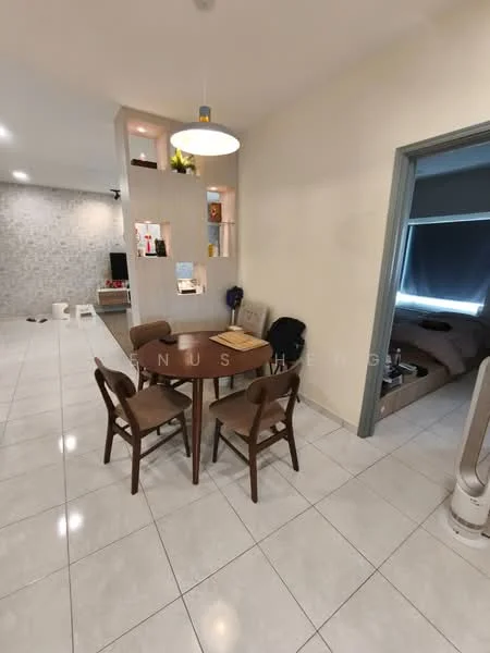 Dining features: round wooden dining table, 4 wooden dining chairs, white walls, tile flooring, recessed lighting, decorative shelving unit, grey accent wall, floor-to-ceiling window with blackout curtains; style: modern. Room features: sofa bed, tile flooring, white walls, natural light from window.