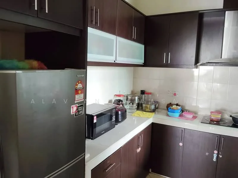 Kitchen features: dark wood cabinetry, white countertop, stainless-steel fridge, microwave, stainless-steel range hood, ceramic tile backsplash, stainless-steel sink, built-in stove, multiple cooking pots, colorful bowls, kitchen utensils; style: modern.