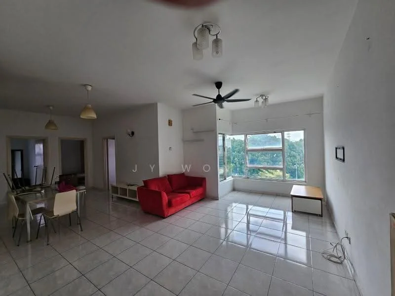 Living features: red fabric sofa, white walls, white tiled flooring, ceiling fan, large window with view, coffee table, dining table with chairs, wall-mounted TV console, natural light from window, open layout; style: modern; view: garden.