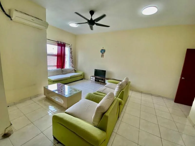 Living features: green fabric sofa, 2-seater white sofa, glass coffee table, wall-mounted TV, white tiled flooring, cream painted walls, ceiling fan, window with sheer curtains, recessed ceiling lights, air conditioning unit; style: modern.