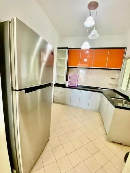 Kitchen features: stainless-steel fridge, black countertop, orange upper cabinets, white lower cabinets, tile flooring, multiple pendant lights, open shelving, window for natural light; style: modern.