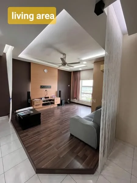 Living features: wood laminate flooring, cream painted walls, dark brown accent wall, recessed ceiling with LED lighting, 5-blade ceiling fan, wall-mounted TV, TV console, grey fabric sofa, decorative partition, large window with curtains, area rug; style: modern; view: city.