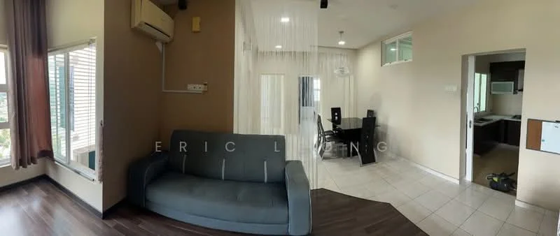 Living features: grey fabric sofa, wooden flooring, floor-to-ceiling windows, air conditioning unit, sheer curtains, decorative partition, recessed ceiling lights; style: modern; view: city. Room features: tile flooring, desk with chair, open doorway to kitchen, window with blinds.