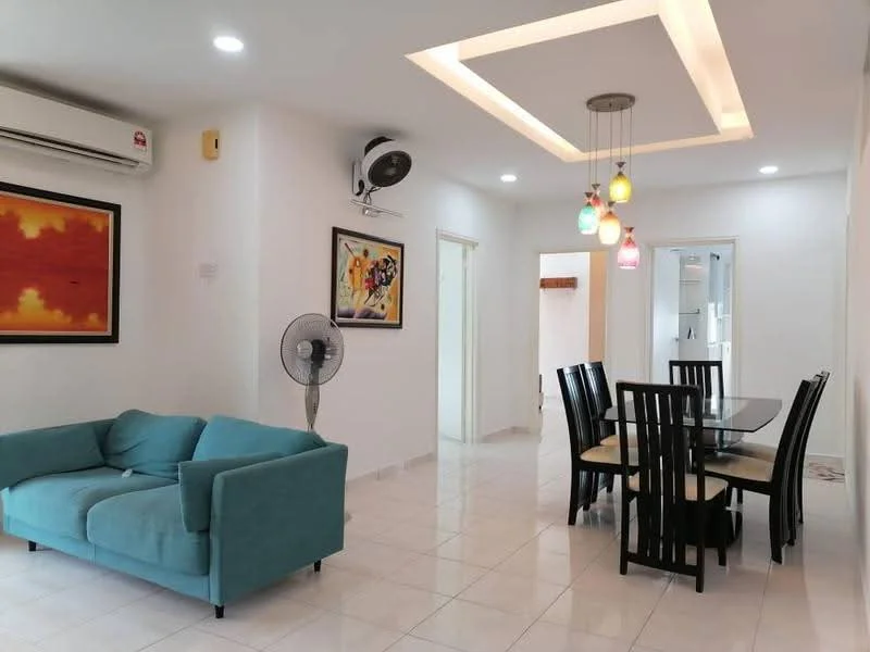 Living features: turquoise fabric sofa, 6-seater dining table with black chairs, ceiling with recessed lighting, pendant lights in multiple colors, wall-mounted air conditioning unit, white painted walls, glossy white tile flooring, decorative artwork on wall, standing fan; style: modern.