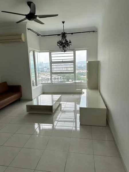 Living features: white painted walls, glossy tile flooring, 5-blade ceiling fan, chandelier, large floor-to-ceiling windows, brown leather sofa, white coffee table, white TV console, city view; style: modern; view: city.