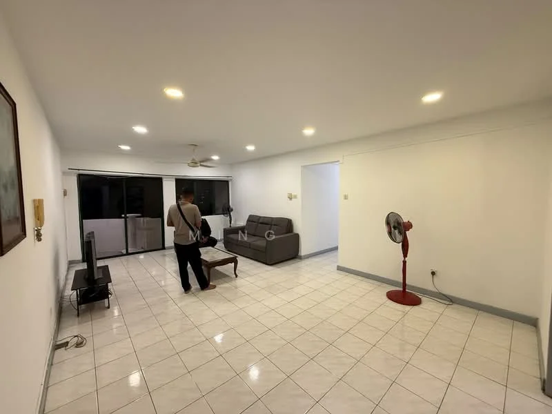 Living features: white painted walls, glossy white tile flooring, recessed downlights, 5-blade ceiling fan, 3-seater fabric sofa in grey, wooden coffee table, wall-mounted TV, floor-to-ceiling windows, sliding glass door, standing fan; style: modern.