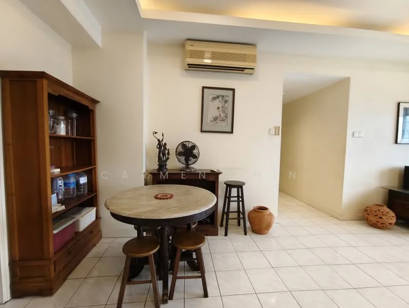 Dining features: round marble dining table, 2 wooden stools, wooden sideboard cabinet, white tiled flooring, wall-mounted air conditioning unit, framed artwork on wall, decorative ceramic pot, small wooden fan, neutral wall color, recessed ceiling lighting; style: modern.