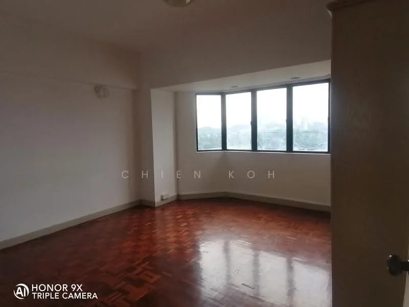 Room features: parquet wood flooring, white painted walls, large windows with city view, ceiling light fixture, corner room with natural light; view: city.