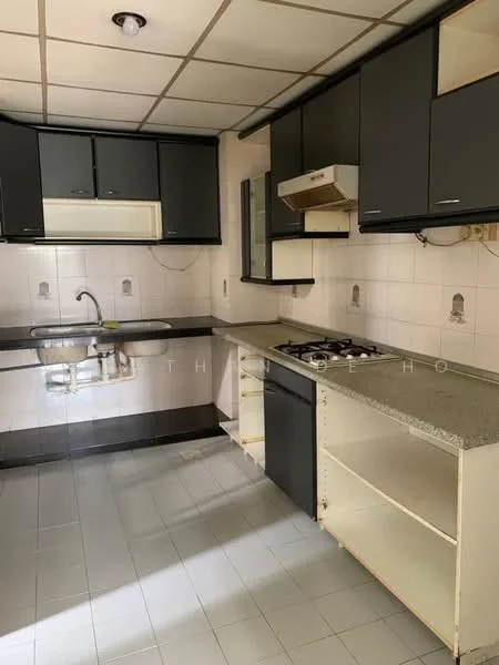 Kitchen features: black cabinetry, white countertop, double-bowl stainless-steel sink, chrome pull-down faucet, built-in oven, 4-burner gas hob, exhaust hood, ceramic tile flooring, white tiled backsplash, under-cabinet lighting, wall-mounted cabinets, open shelving, recessed ceiling lights; style: modern.