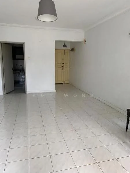 Room features: white painted walls, tile flooring, ceiling light fixture, doorway leading to kitchen, doorway leading to hallway, neutral color scheme, no visible furniture, large open space; style: minimalist.