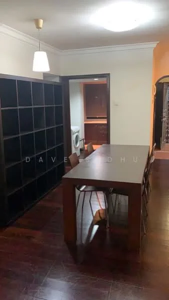 Dining features: dark wood dining table, 6 dining chairs, dark wood shelving unit, recessed ceiling lights, pendant light fixture, wooden flooring, cream painted walls, doorway leading to kitchen, doorway leading to laundry area; style: modern.