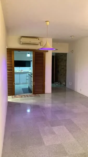 Living features: polished concrete flooring, white painted walls, 5-blade ceiling fan with light, wall-mounted split AC, sliding door with wooden slats, recessed lighting, open layout to kitchen, decorative pendant light; style: modern. Room features: white painted walls, unknown flooring, unknown ceiling, unknown lighting.