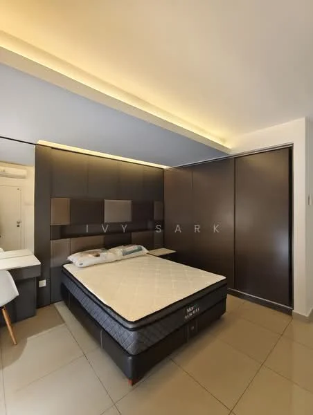 Bedroom features: king-size bed, upholstered headboard, built-in wardrobe with sliding doors, white walls, recessed ceiling lights, tile flooring, desk with chair, mirror on desk; style: modern.