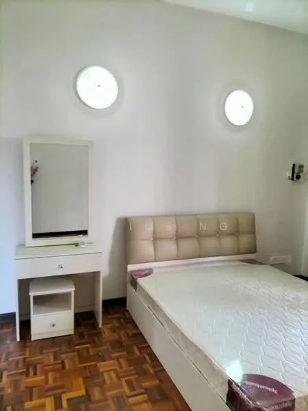 Bedroom features: queen-size bed, upholstered headboard, wooden flooring, round windows, dressing table with mirror, nightstand with drawer, white walls, decorative wall paneling; style: modern.