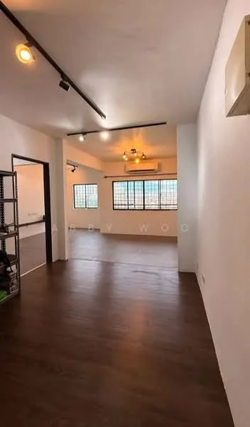 Room features: laminate wood flooring, white painted walls, recessed downlights, ceiling fan, large windows, air conditioning unit, open layout, track lighting; style: modern.