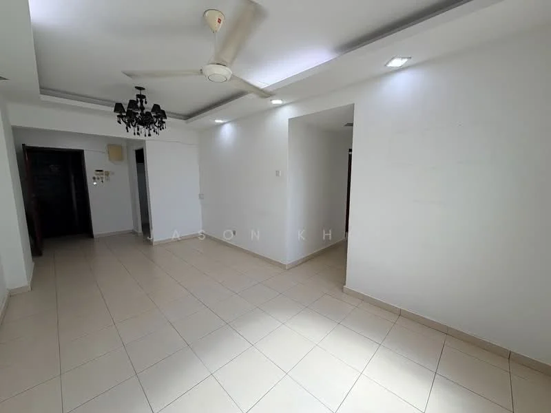 Living features: cream tiled flooring, white painted walls, ceiling fan, chandelier, recessed downlights, open layout, large windows, neutral color scheme; style: modern. Room features: white painted walls, cream tiled flooring.