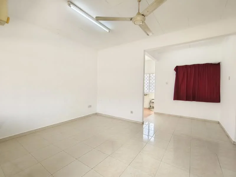 Living features: white painted walls, tile flooring, ceiling fan, window with red curtains, natural light from window, corner for potential furniture placement.