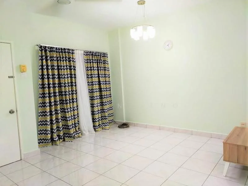 Living features: light green painted walls, white ceiling, white tiled flooring, 5-blade ceiling fan, chandelier, floor-to-ceiling windows with sheer curtains, zigzag patterned curtains in yellow, blue, and white, wall clock, wooden TV console, baseboard; style: modern.
