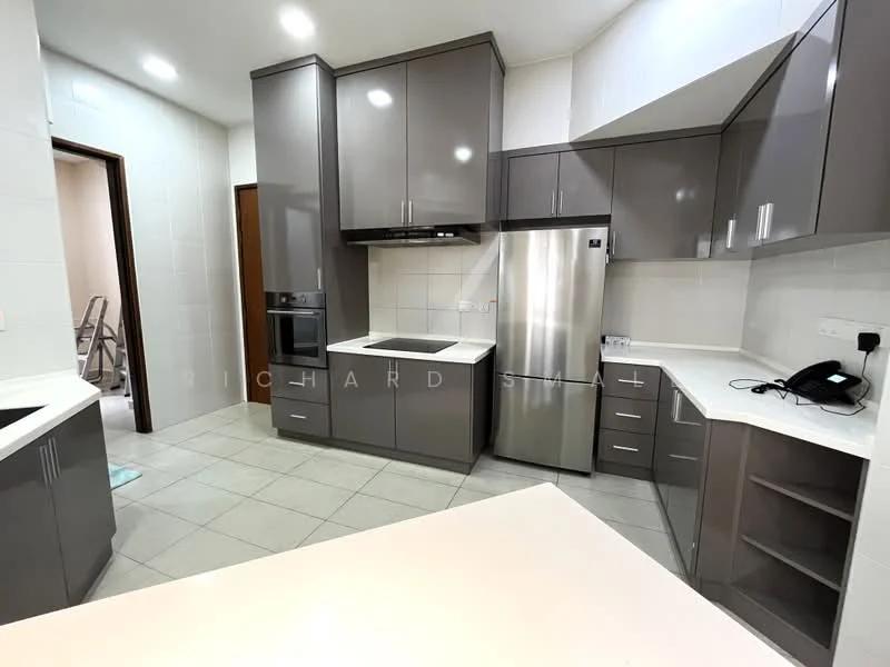 Kitchen features: grey flat-panel cabinets, white quartz countertop, stainless-steel fridge, built-in oven, 4-burner gas hob, stainless-steel range hood, double-bowl stainless-steel sink, tile backsplash, ceramic tile flooring, recessed downlights, wall-mounted electrical outlets, open shelving, kitchen island with seating; style: modern.
