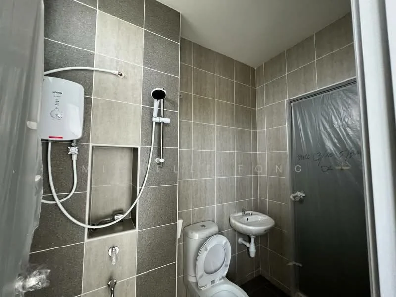Bathroom features: grey tiled walls, light grey tiled flooring, shower head with wall-mounted faucet, toilet, pedestal sink, water heater, glass shower enclosure, chrome fixtures; style: modern.