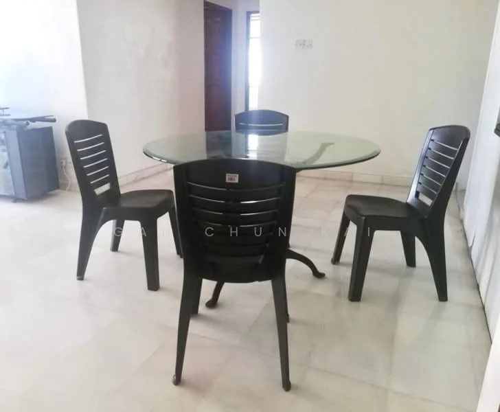 Dining features: glass dining table, 4 black plastic chairs, white painted walls, marble flooring, natural light from window, neutral decor; style: modern.