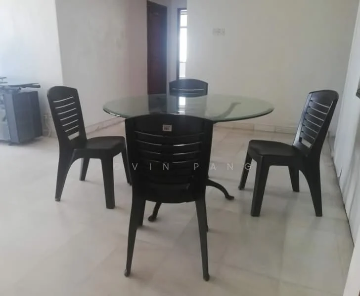 Dining features: glass dining table, 4 black plastic dining chairs, white painted walls, marble flooring, natural light from window, minimalist decor; style: modern.