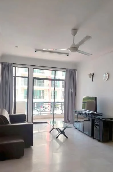Living features: 3-seater brown leather sofa, glass coffee table, TV console, wall-mounted TV, floor-to-ceiling windows, sheer curtains, 5-blade ceiling fan with light, marble flooring, decorative wall clock, wall sconce; style: modern.