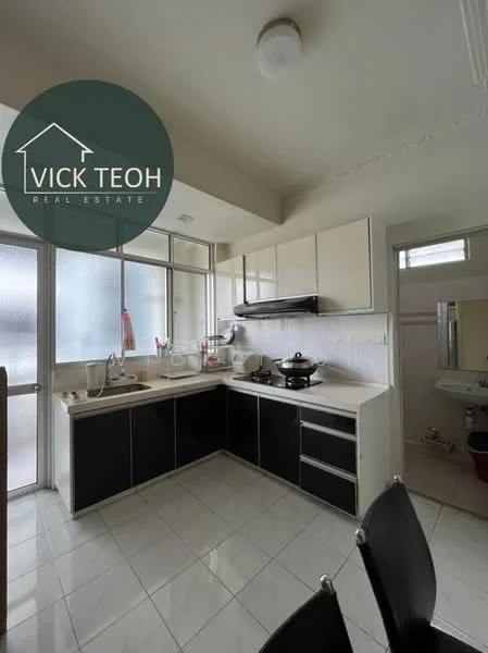 Kitchen features: white cabinets, black lower cabinets, stainless-steel sink, chrome pull-down faucet, black built-in stove, white tiled backsplash, white countertop, window with frosted glass, recessed ceiling lights, white tiled flooring; style: modern.