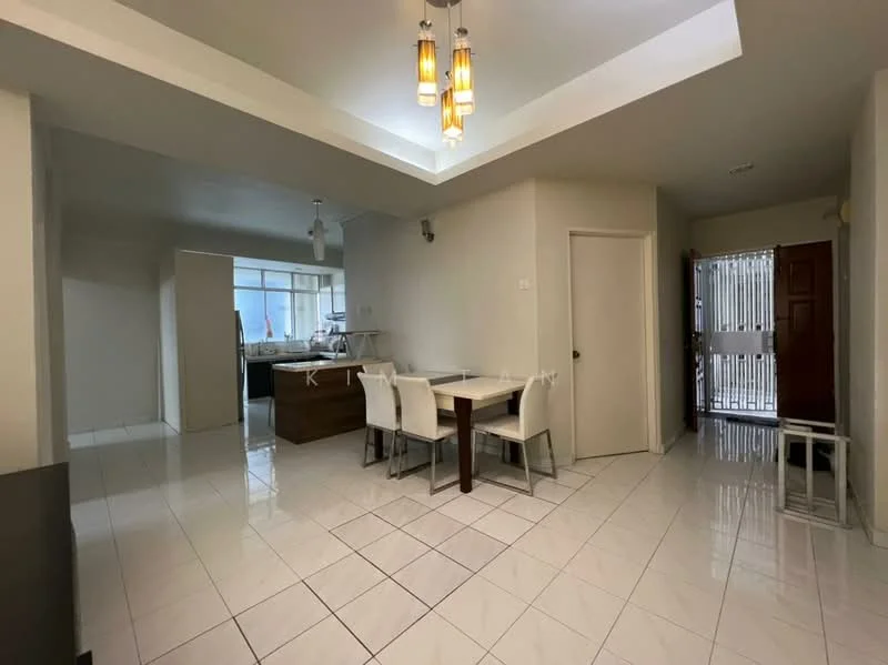 Dining features: white painted walls, glossy white tile flooring, tray ceiling with pendant lights, dining table with four chairs, open layout to kitchen, doorway leading to entrance, natural light from windows, neutral color scheme; style: modern. Kitchen features: kitchen island with wooden cabinetry, white cabinetry, stainless-steel appliances, open layout to dining area, natural light from windows; style: modern.